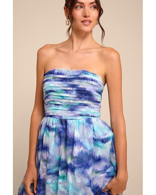 Lulus Blue Mykala Abstract Pleated Strapless Maxi Dress