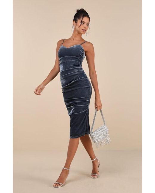 Lulus Blue Plush Personality Velvet Ruched Bodycon Midi Dress