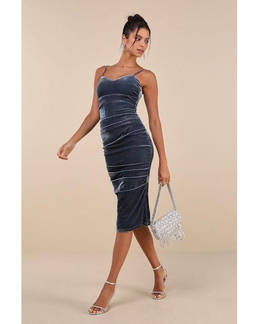 Lulus Blue Plush Personality Slate Velvet Ruched Bodycon Midi Dress