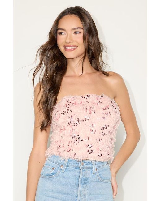 Lulus Pink Dazzling Sense Sequin Fringe Strapless Crop Top