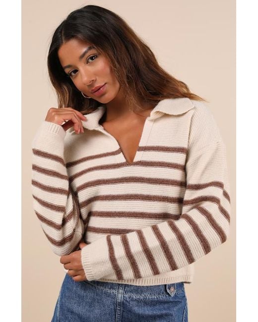 Lulus Blue Timeless Energy Cream Striped Collared Pullover Sweater