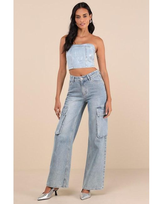 Glamorous Blue Modern Shine Light Wash Metallic Coated Denim Crop Top