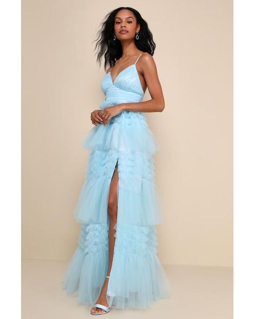 Lulus Blue Gorgeous Statement Tulle Tiered Ruffled Maxi Dress