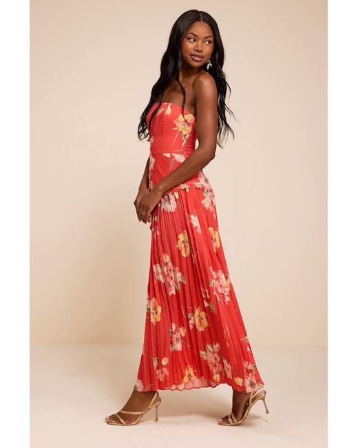 Lulus Red Novena Multi Floral Drop Waist Midi Dress