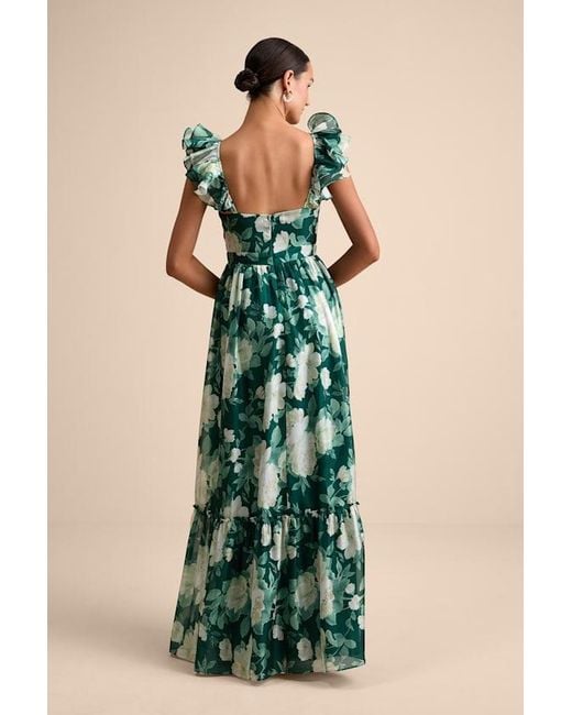 Lulus Green Soiree Perfection Floral Ruffled Tiered Maxi Dress