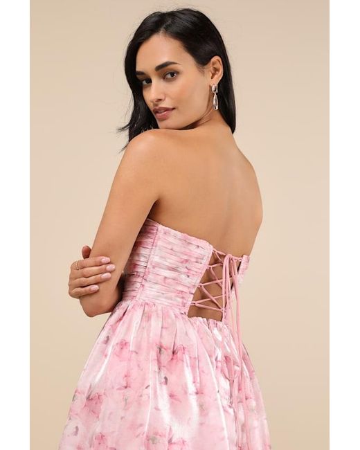Lulus Pink Kamella Floral Pleated Strapless Tiered Maxi Dress