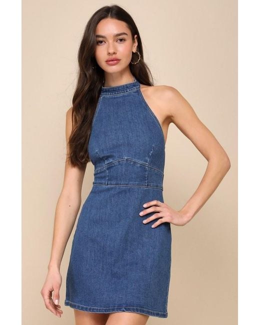 Lulus Blue Summery Outing Dark Wash Backless Denim Halter Mini Dress