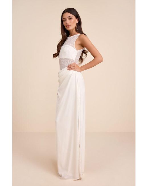 Lulus Natural Akasha Sheer Lace Mixed-Media Maxi Dress