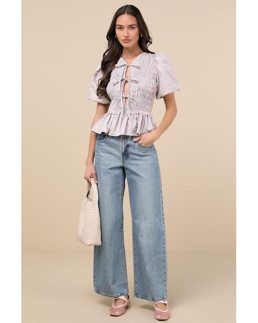 Extro & Vert Natural Nevaeh Striped Tie-Front Puff Sleeve Peplum Top