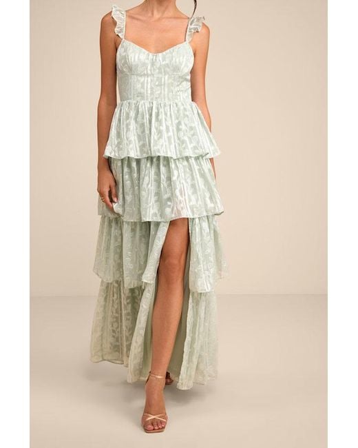 Lulus Natural Stunning Glory Sage Floral Jacquard Tiered Maxi Dress