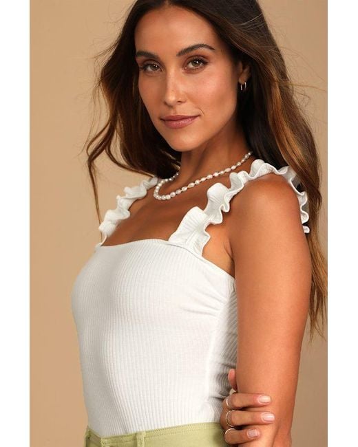 Lulus Natural Musing About You Ribbed Ruffle Strap Bodysuit