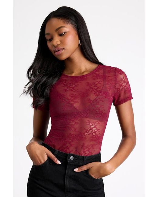 Lulus Red Clearly Sultry Lace Sheer Short Sleeve Top