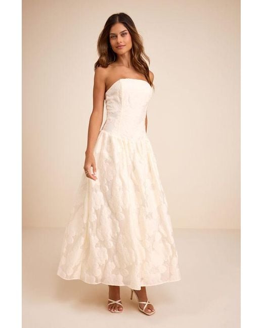 Lulus Natural Calen Cream Floral Jacquard Drop Waist Maxi Dress