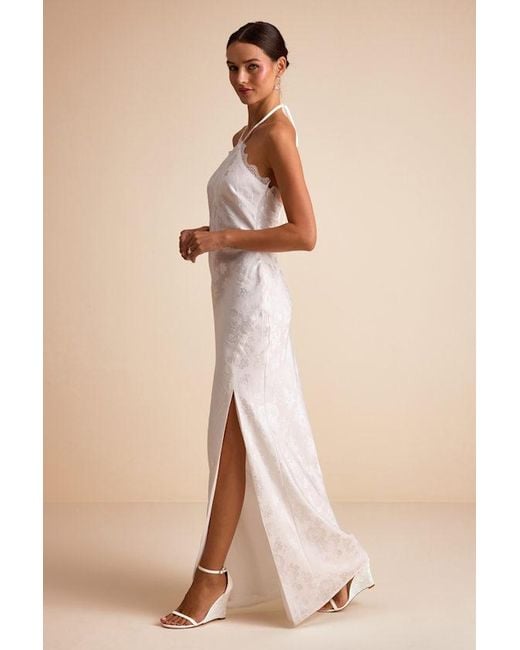 Lulus Natural Emeris Satin Jacquard Lace Halter Maxi Dress