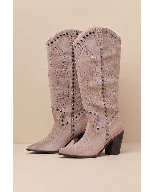 Lulus Gray Mallerie Suede Studded Knee-High Western Boots