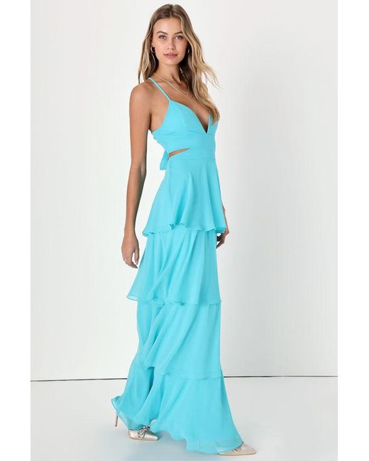Lulus Blue Tier And Now Tie-Back Tiered Maxi Dress