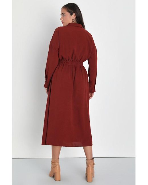 Lulus Timeless Class Rust Collared Button-Up Pleated Midi Dress