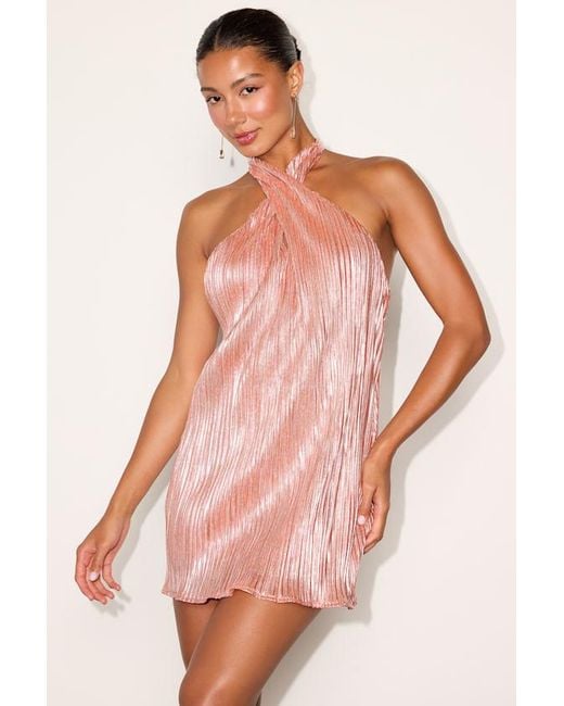 Lulus Pink Collins Lurex Plisse Halter Mini Dress
