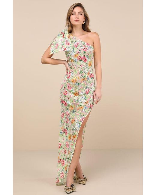 Elliatt Natural Starla Hilo Multi Sequin One-Shoulder Maxi Dress