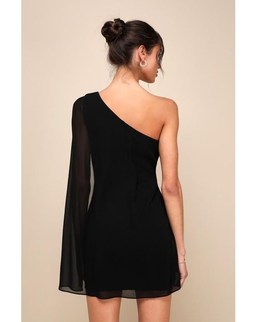 Lulus Black Majestic Energy Cape Sleeve One-Shoulder Mini Dress