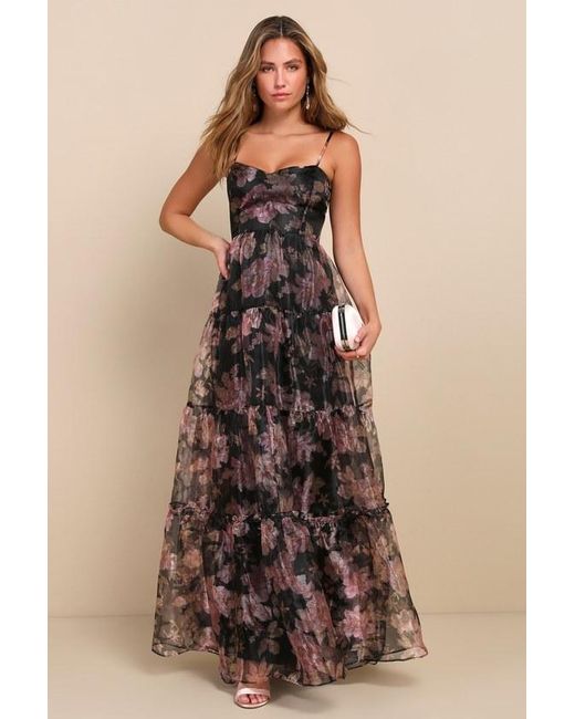 Lulus Brown Exclusive Glamour Floral Organza Tiered Maxi Dress