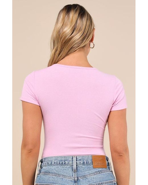 Lulus Pink Lovely Ties Ribbed Knit Tie-Front Short Sleeve Bodysuit