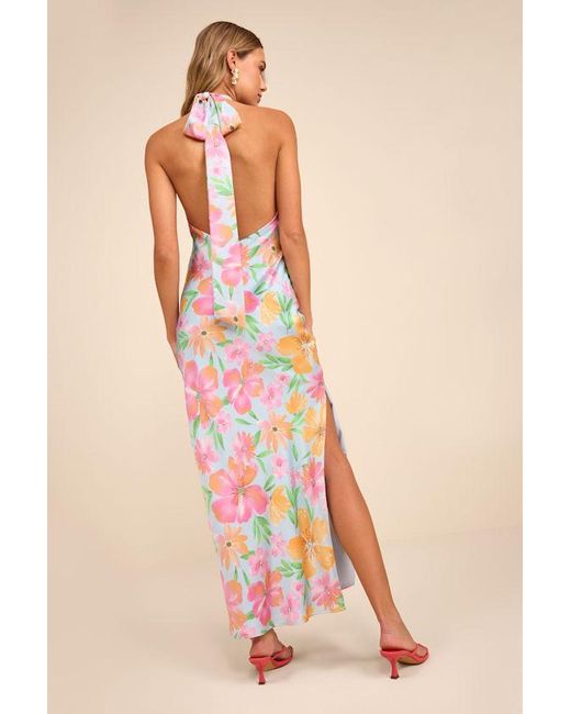Lulus Blue Glowing Presence Floral Satin Halter Maxi Dress