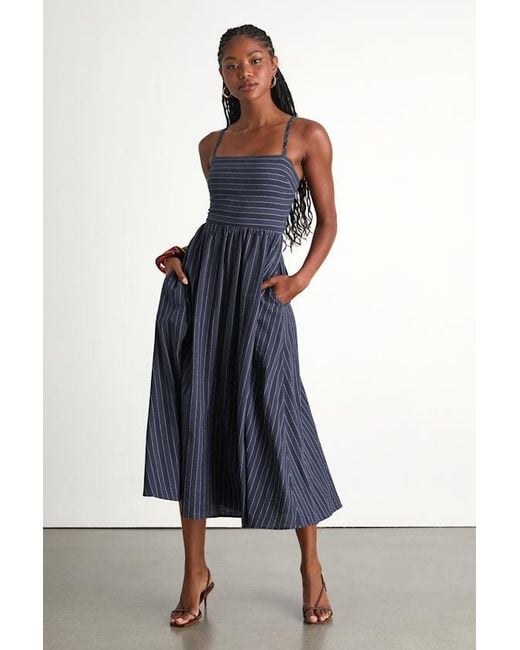 Lulus Blue Feeling The Best Striped Tie-Back Midi Dress With Pockets
