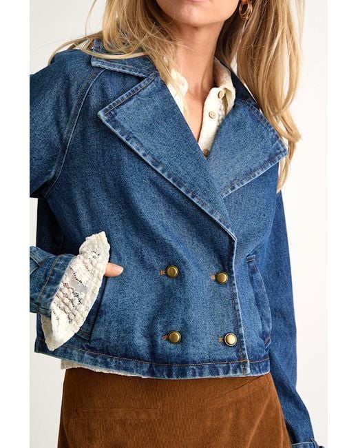 Lulus Blue Abria Medium Wash Denim Double-Breasted Cropped Jacket