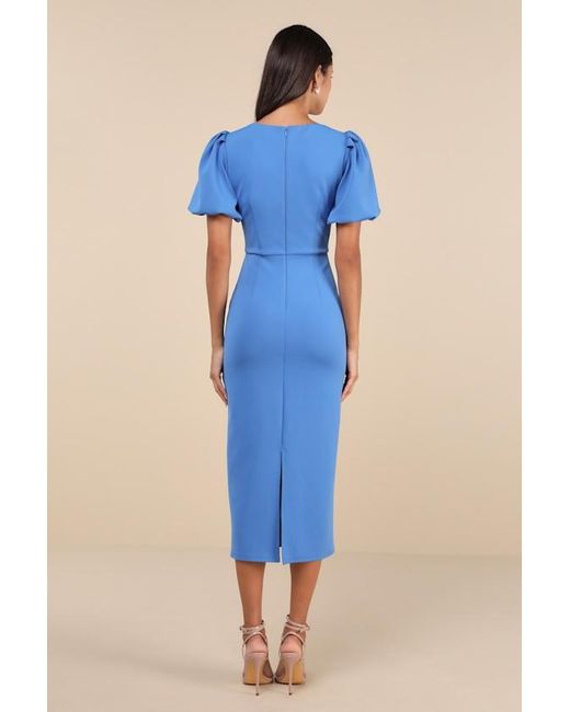 Lulus Blue Simply Beloved Puff Sleeve Bodycon Midi Dress