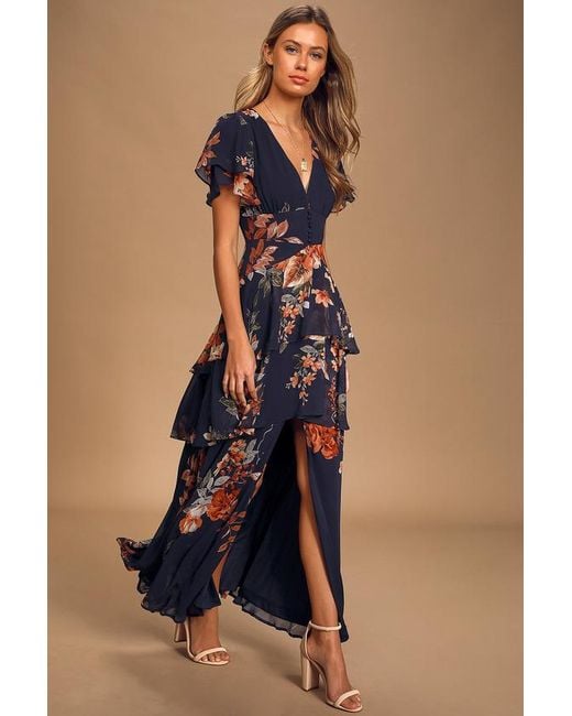 Lulus Blue Midnight Mood Floral Print Tiered Maxi Dress