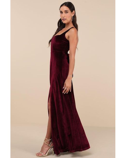 Lulus Red Graceful Invite Dark Plum Velvet Square Neck Lace-Up Maxi Dress