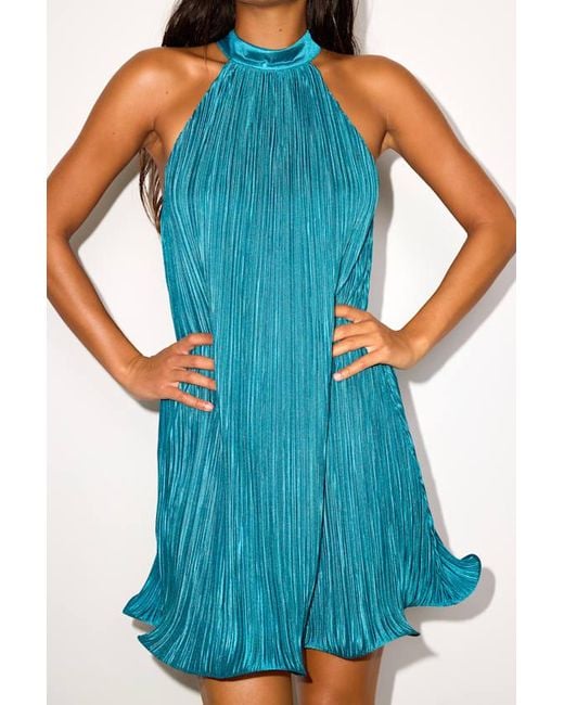 Lulus Blue Vaivah Satin Plisse Mock Neck Swing Mini Dress
