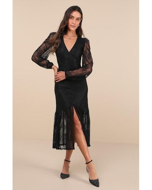 Lulus Perfect Tendencies Lace Button-Front Midi Dress in Black | Lyst