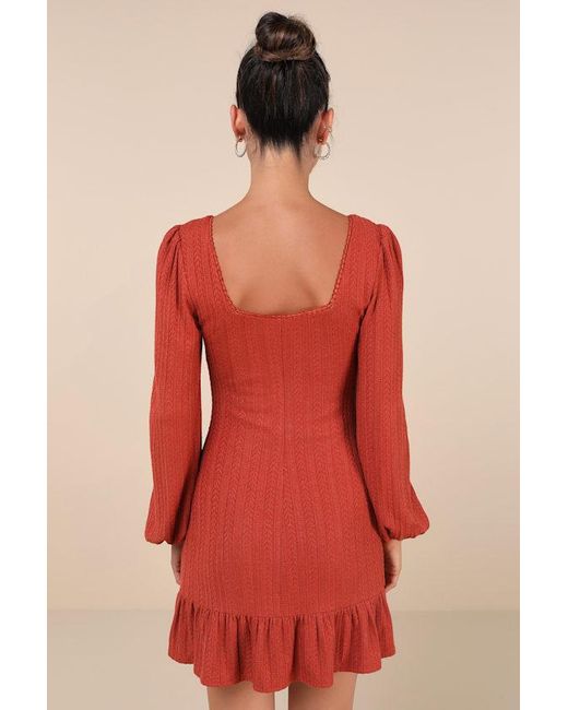 Lulus Red Coveted Sweetness Rust Pointelle Knit Long Sleeve Mini Dress