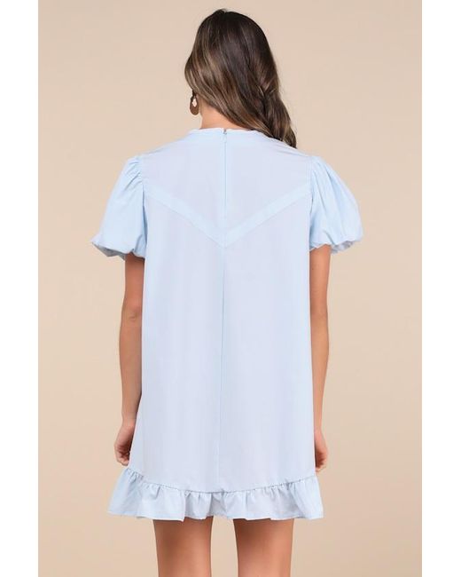 Sister Jane Blue Darling Drawstring Puff Sleeve Shift Mini Dress