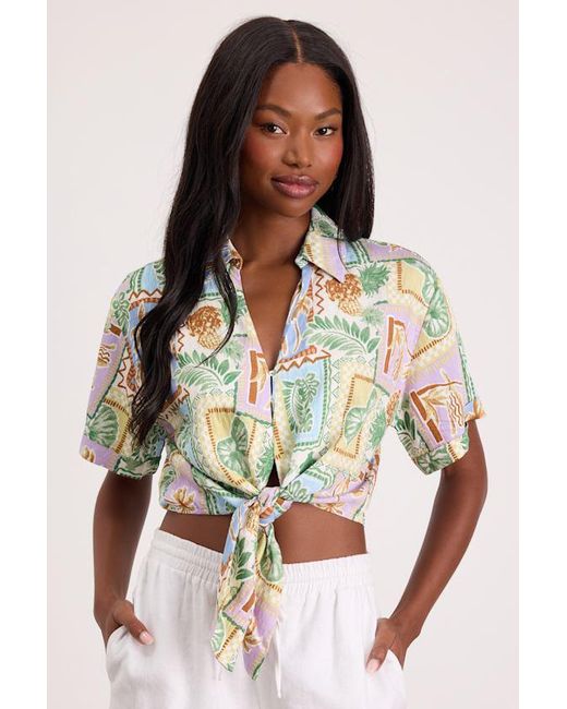Lulus Yellow Kaliyah Multi Tropical Print Tie-Front Collared Top