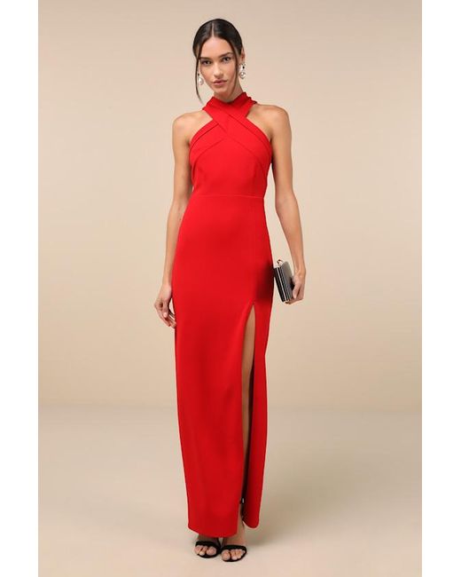 Lulus Red Head To Cocktail Hour Halter Neck Maxi Dress