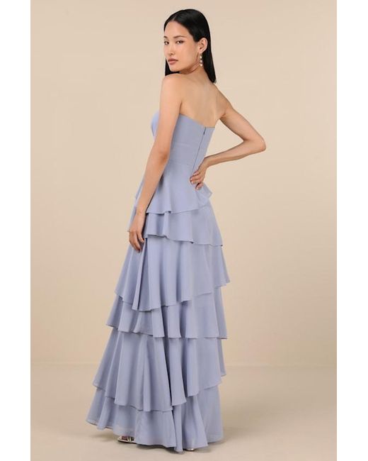 Lulus Blue Gorgeous Essence Strapless Tiered Maxi Dress