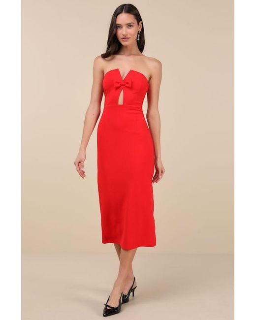 Lulus Women's Red Vivacious Aesthetic Cutout Strapless Midi Dress