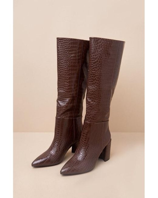 Lulus Brown Katari Espresso Croc-Embossed Pointed-Toe Knee High Boots
