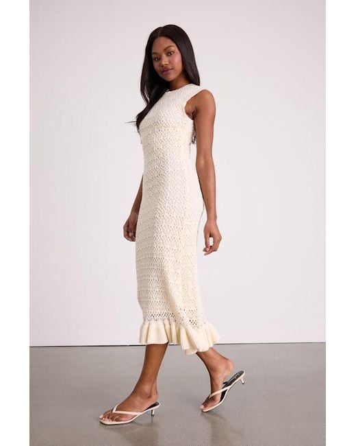 Lulus Pink Nusa Cream Crochet Ruffled Column Midi Dress