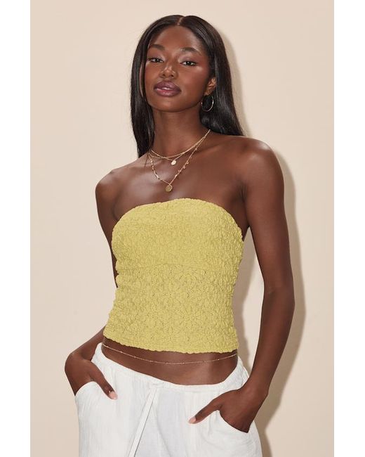 Lulus Yellow Bellona Chartreuse Jacquard Knit Strapless Crop Top