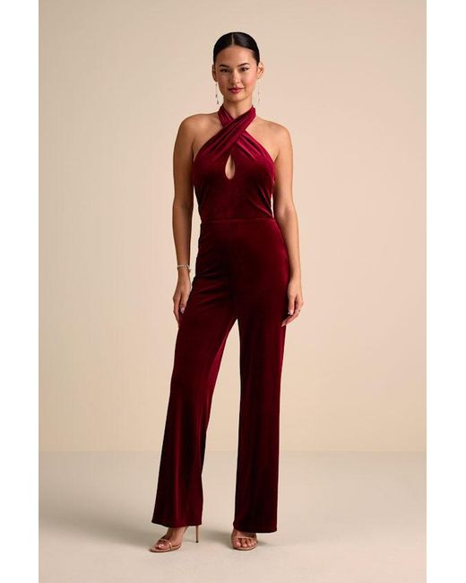 Lulus Red Yvania Velvet Cross-Front Halter Jumpsuit
