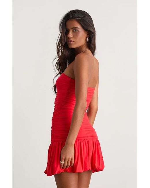 Lulus Red Calix Strapless Ruched Bubble-Hem Mini Dress