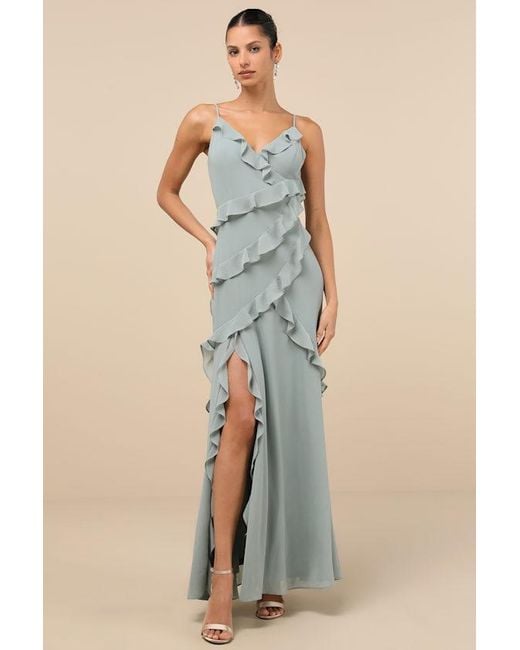Lulus Women's Blue Fancy Sweetness Ruffled Lace-Up Sleeveless Maxi Dress