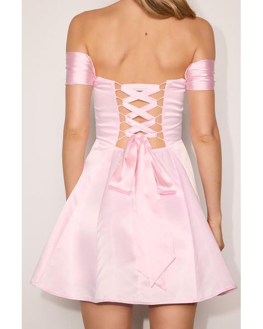 Lulus Pink Rhylee Satin Lace-Up Off-The-Shoulder Mini Dress