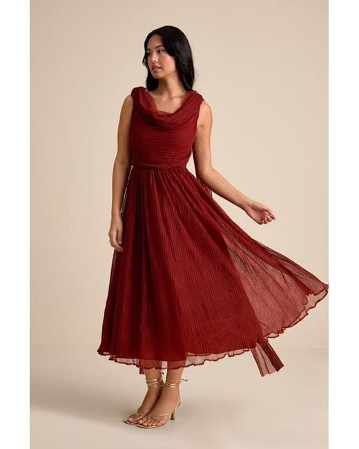 Lulus Red Katreea Pleated Cowl Neck Sash Midi Dress