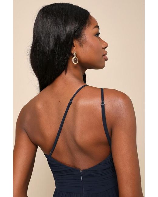 Lulus Blue Wondrous Muse Pleated One-Shoulder Midi Dress