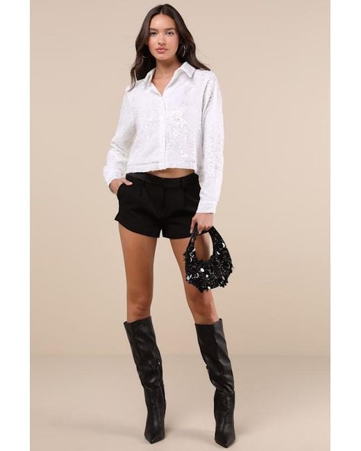 Lulus White Glowing Sophistication Sequin Button-Up Top